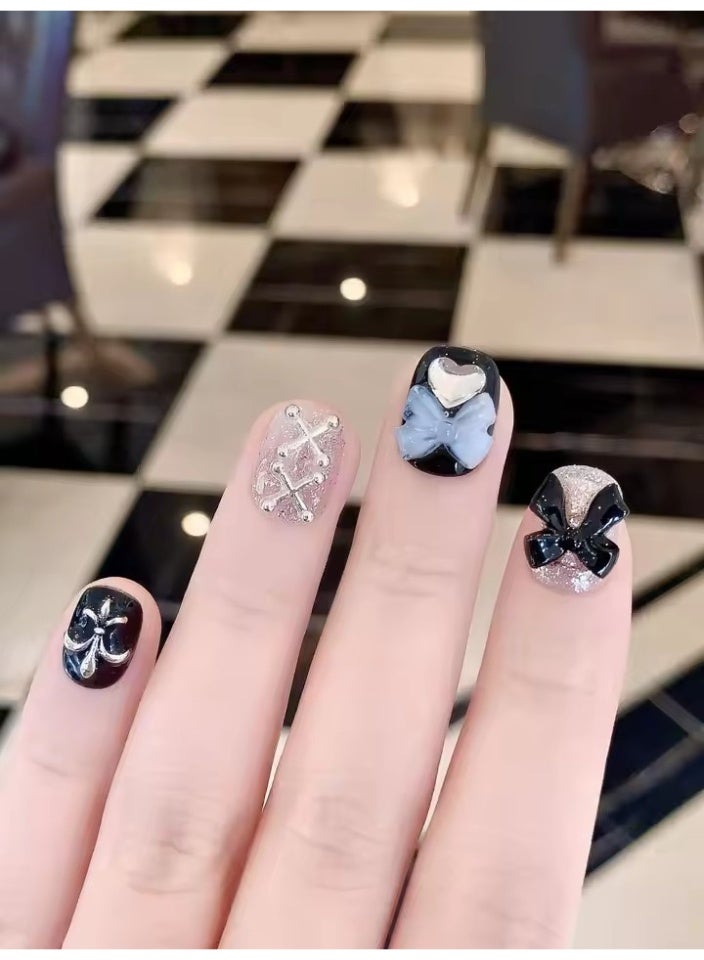 Goolsky Sheer Lace Bear Nail Art Patches Dark Lolita Handmade Wearable Nails Removable Bow Diamond Glitter Sweet Cool Fake Nails - Image 2